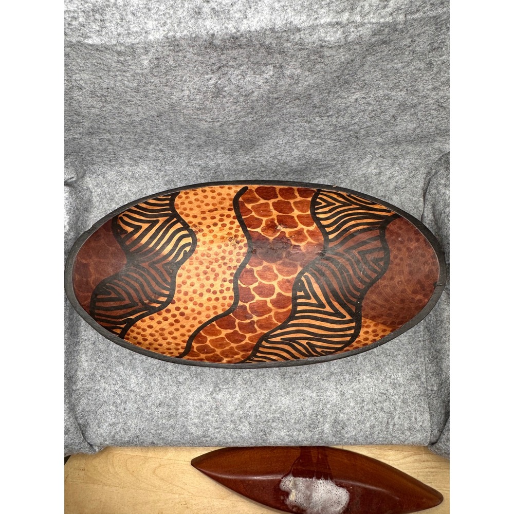 Hand Carved Kenyan Wood Animal Print Oval Decorative Bowl Zebra Giraffe Pattern